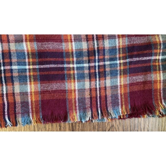 Altar'd State Super Soft Maroon Orange Teal Plaid Fringed Wrap Throw Scarf 52x52 - Picture 3 of 7
